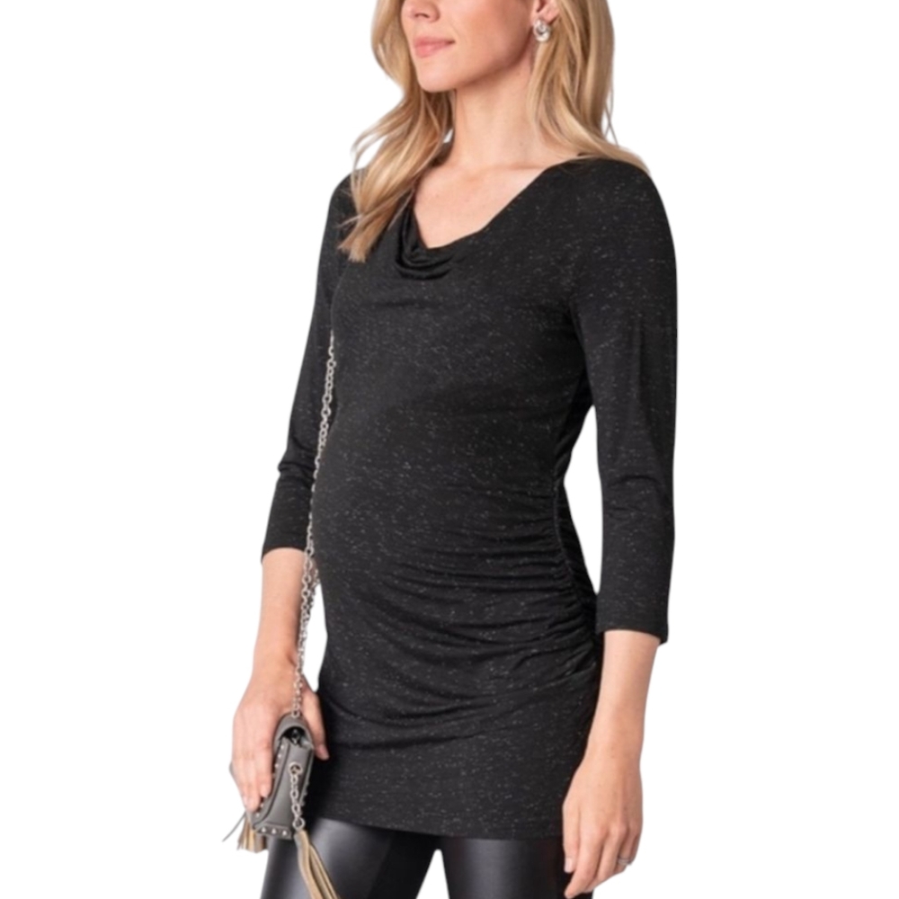 Seraphine Maternity Sparkly Black Tunic Dress S Cowl Neck Silver Nursing Ruching